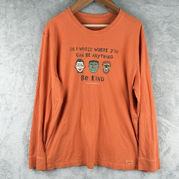 Life Is Good Crusher Tee Mens XL Orange Halloween "Be Kind" Dracula Frankenstein - Picture 1 of 8
